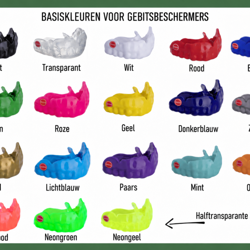 Achttien basiskleuren voor het glittermodel, waaronder Lichtblauw en Mint