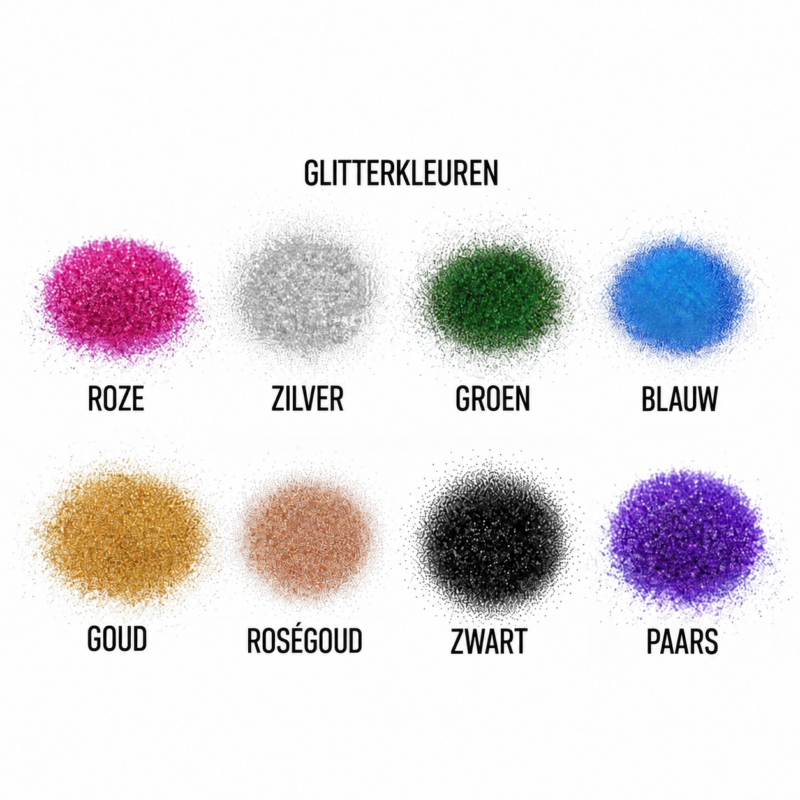 Glitterkleuren: roze, zilver, groen, blauw, goud, roségoud, zwart en paars
